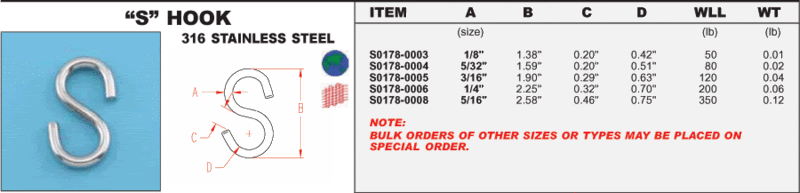 10 PACK 316 STAINLESS STEEL /"S/" HOOK 5//32/" S0178-0004