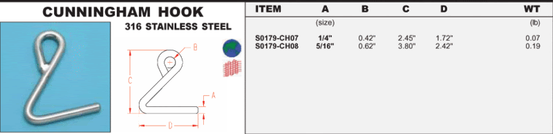 S0179-CH08 316 STAINLESS STEEL CUNNINGHAM HOOK 5//16/"